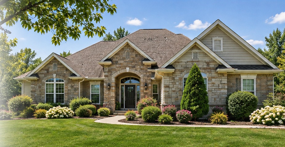 Bright welcoming home with green lawn and mature landscaping